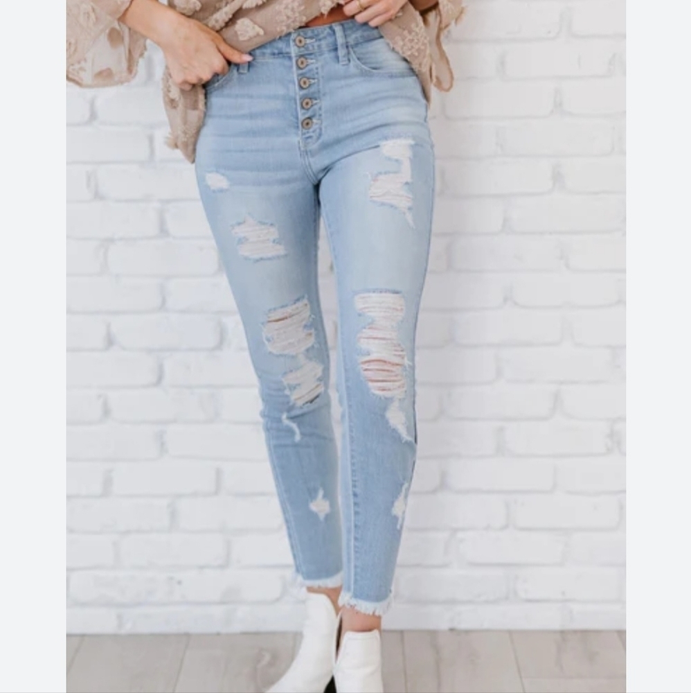 Kancan Lola High Rise Button Fly Distressed Skinny Jeans 25
